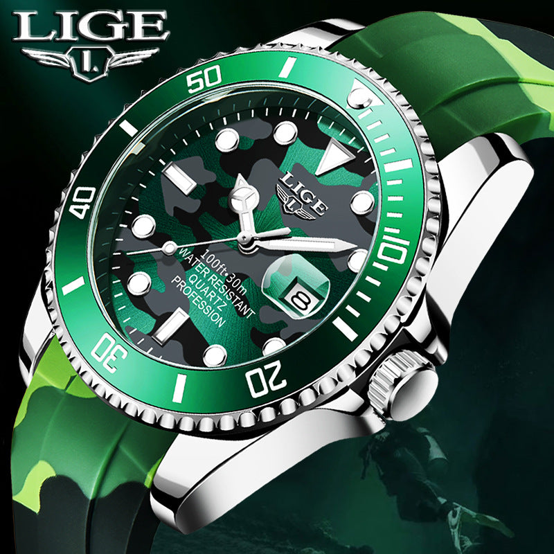 LIGE Men's Quartz Watch 30M Waterproof Watch Silicone Camo Strap - Green
