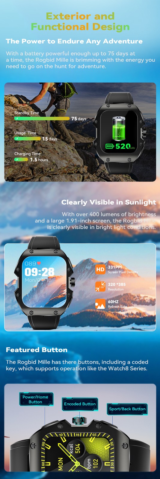 Rugged sports smart watch 1.91 inch 520mAH multi-scene sports mode - Gold